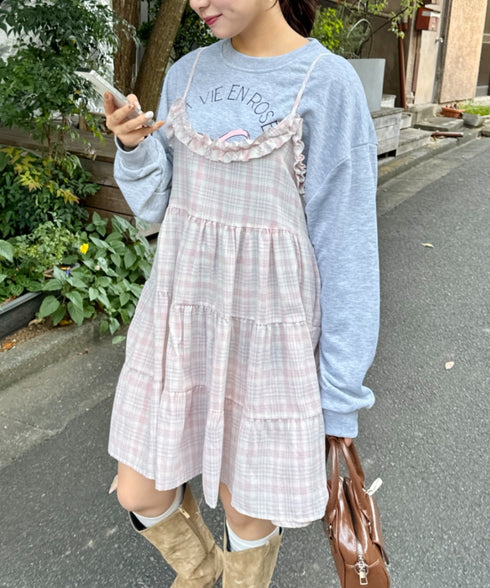 チェック柄フリルティアードチュニック | NU2255004 | ピンク