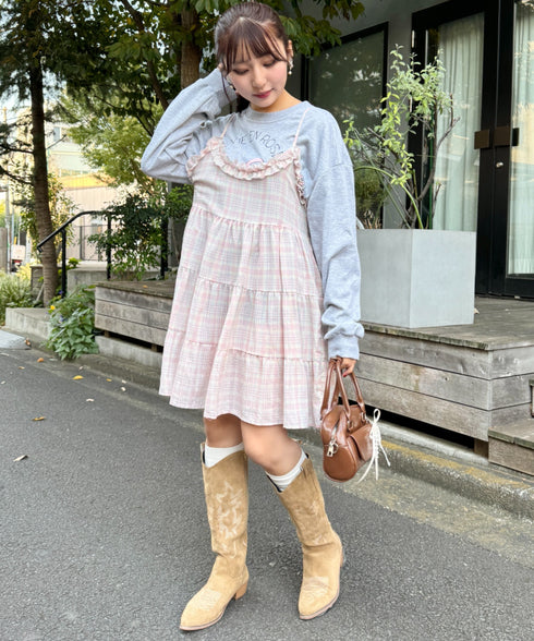 チェック柄フリルティアードチュニック | NU2255004 | ピンク