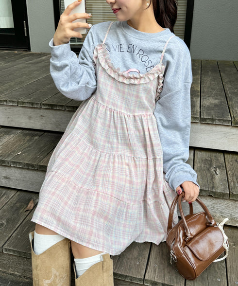 チェック柄フリルティアードチュニック | NU2255004 | ピンク