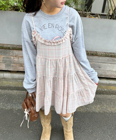 チェック柄フリルティアードチュニック | NU2255004 | ピンク