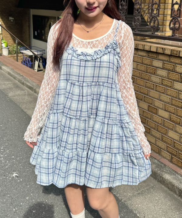 チェック柄フリルティアードチュニック | NU2255004 | ライトブルー