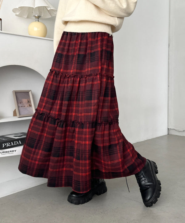 チェック柄ティアードロングスカート | CL2244070 | レッド