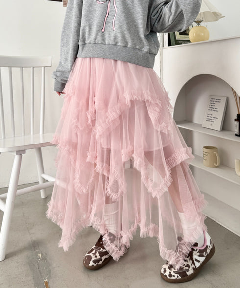 イレギュラーヘムボリュームフリルチュールスカート | NU2255022 | ライトピンク