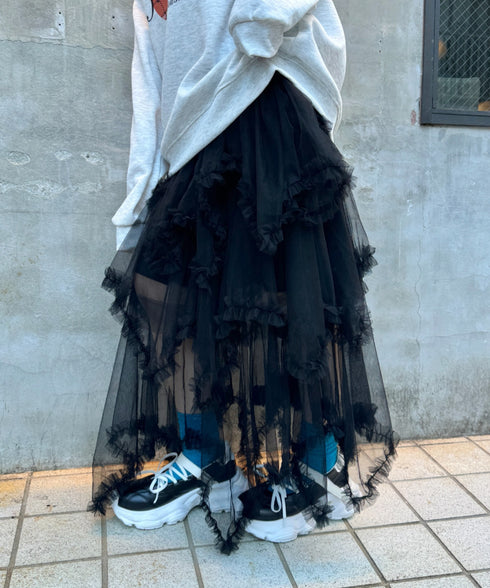 イレギュラーヘムボリュームフリルチュールスカート | NU2255022 | ブラック