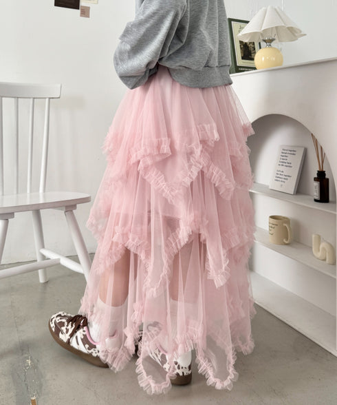 イレギュラーヘムボリュームフリルチュールスカート | NU2255022 | ライトピンク