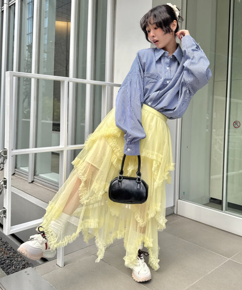 イレギュラーヘムボリュームフリルチュールスカート | NU2255022 | イエロー