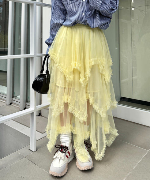 イレギュラーヘムボリュームフリルチュールスカート | NU2255022 | イエロー