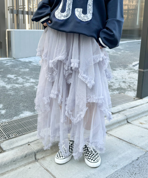 イレギュラーヘムボリュームフリルチュールスカート | NU2255022 | グレー