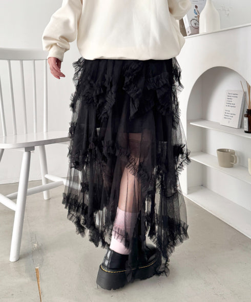 イレギュラーヘムボリュームフリルチュールスカート | NU2255022 | ブラック