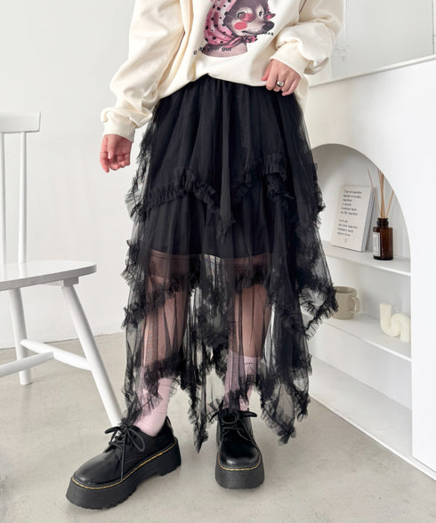 イレギュラーヘムボリュームフリルチュールスカート | NU2255022 | ブラック