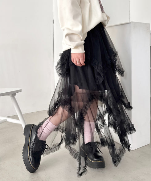 イレギュラーヘムボリュームフリルチュールスカート | NU2255022 | ブラック
