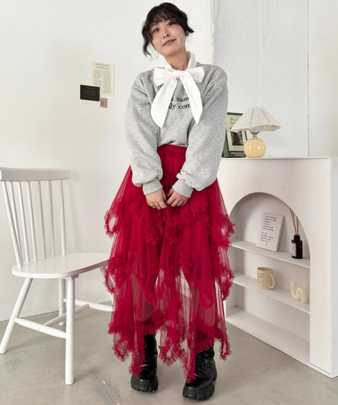 イレギュラーヘムボリュームフリルチュールスカート | NU2255022 | レッド