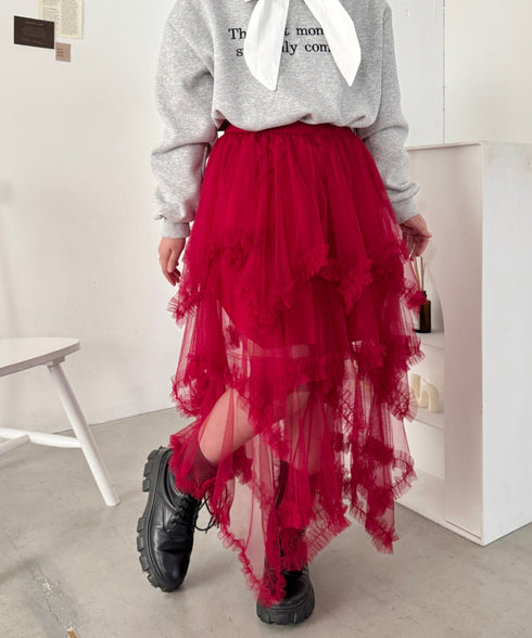 イレギュラーヘムボリュームフリルチュールスカート | NU2255022 | レッド