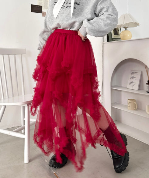 イレギュラーヘムボリュームフリルチュールスカート | NU2255022 | レッド