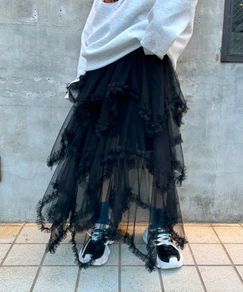 イレギュラーヘムボリュームフリルチュールスカート | NU2255022 | ブラック