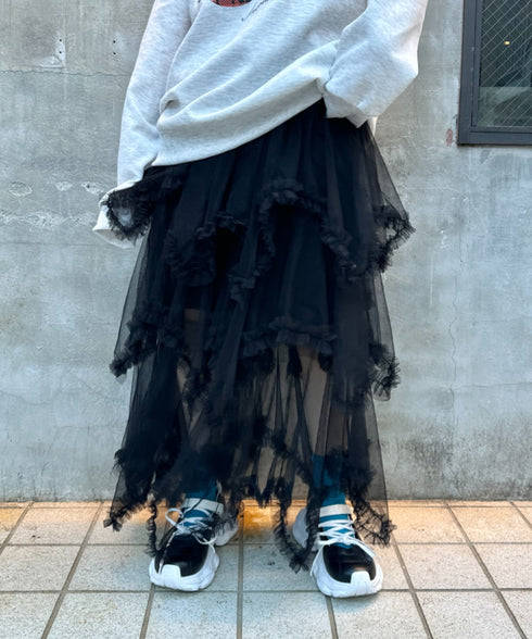 イレギュラーヘムボリュームフリルチュールスカート | NU2255022 | ブラック