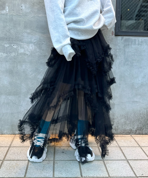 イレギュラーヘムボリュームフリルチュールスカート | NU2255022 | ブラック