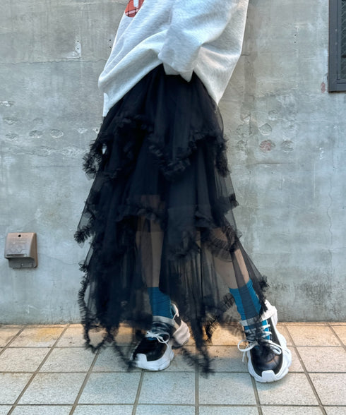 イレギュラーヘムボリュームフリルチュールスカート | NU2255022 | ブラック