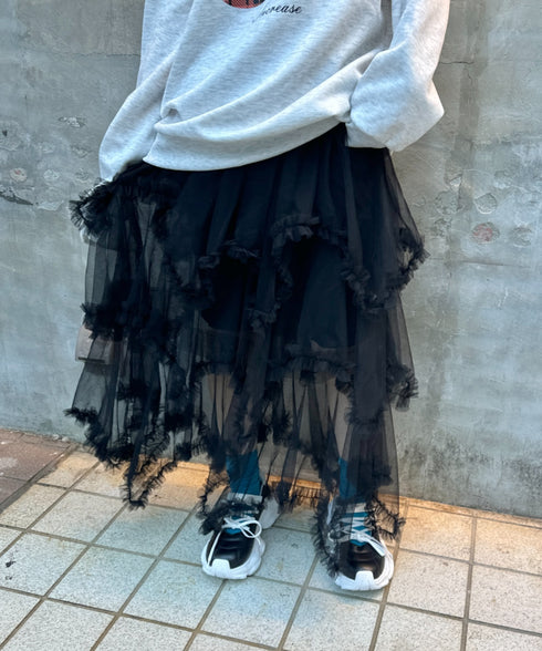 イレギュラーヘムボリュームフリルチュールスカート | NU2255022 | ブラック