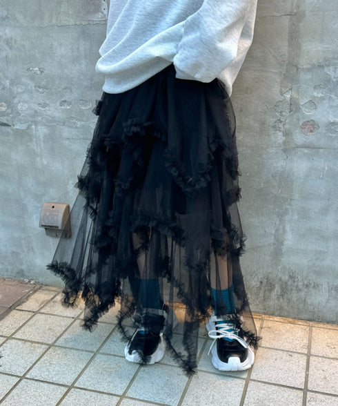 イレギュラーヘムボリュームフリルチュールスカート | NU2255022 | ブラック