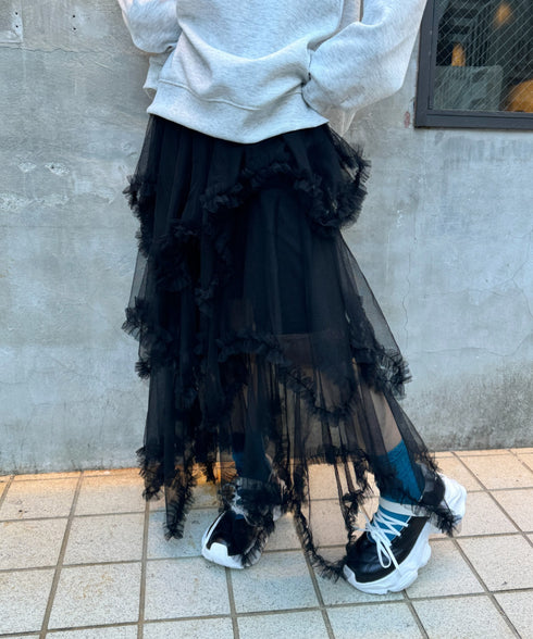 イレギュラーヘムボリュームフリルチュールスカート | NU2255022 | ブラック