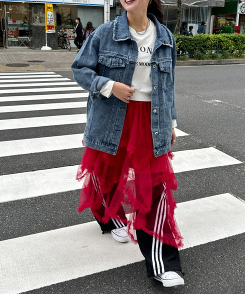 イレギュラーヘムボリュームフリルチュールスカート | NU2255022 | レッド