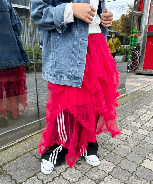 イレギュラーヘムボリュームフリルチュールスカート | NU2255022 | レッド