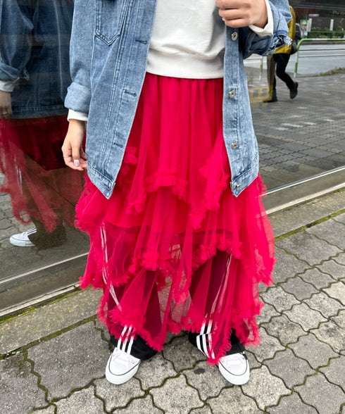イレギュラーヘムボリュームフリルチュールスカート | NU2255022 | レッド