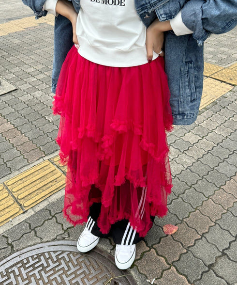 イレギュラーヘムボリュームフリルチュールスカート | NU2255022 | レッド