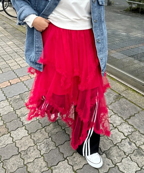 イレギュラーヘムボリュームフリルチュールスカート | NU2255022 | レッド