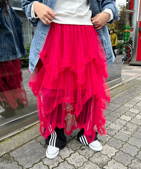 イレギュラーヘムボリュームフリルチュールスカート | NU2255022 | レッド