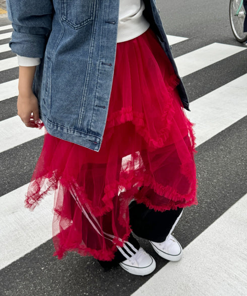 イレギュラーヘムボリュームフリルチュールスカート | NU2255022 | レッド