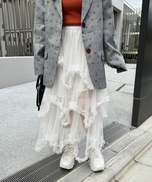 イレギュラーヘムボリュームフリルチュールスカート | NU2255022 | ホワイト