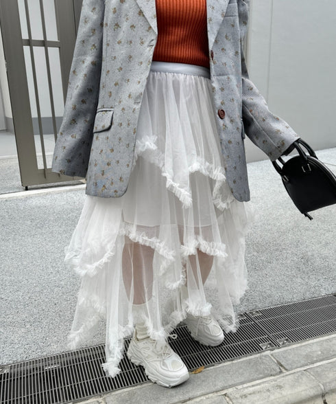 イレギュラーヘムボリュームフリルチュールスカート | NU2255022 | ホワイト