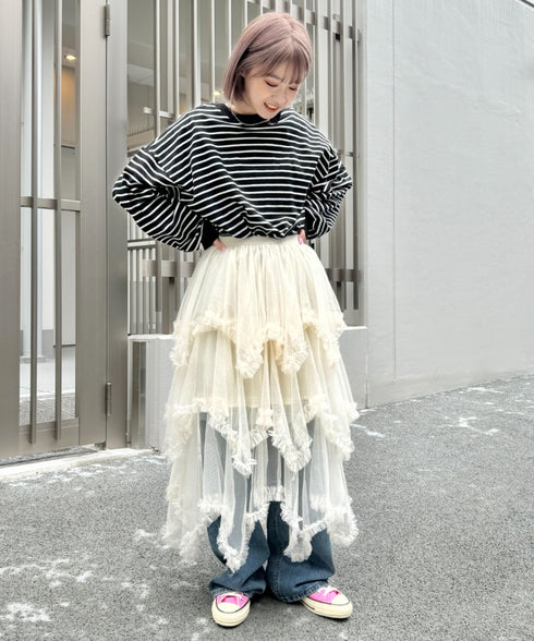 イレギュラーヘムボリュームフリルチュールスカート | NU2255022 | アイボリー