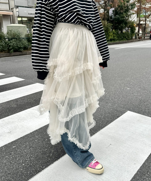 イレギュラーヘムボリュームフリルチュールスカート | NU2255022 | アイボリー