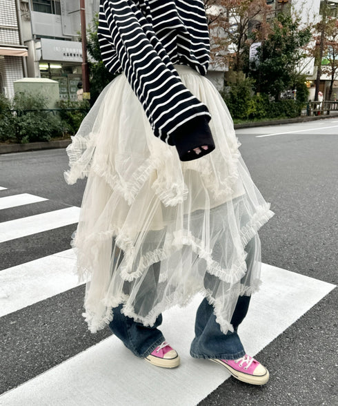 イレギュラーヘムボリュームフリルチュールスカート | NU2255022 | アイボリー