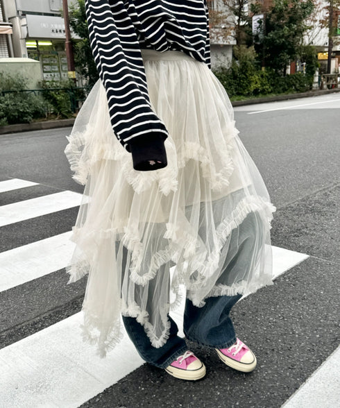 イレギュラーヘムボリュームフリルチュールスカート | NU2255022 | アイボリー