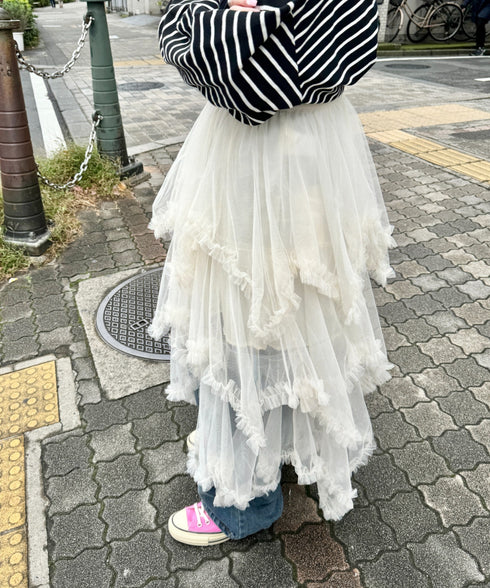 イレギュラーヘムボリュームフリルチュールスカート | NU2255022 | アイボリー