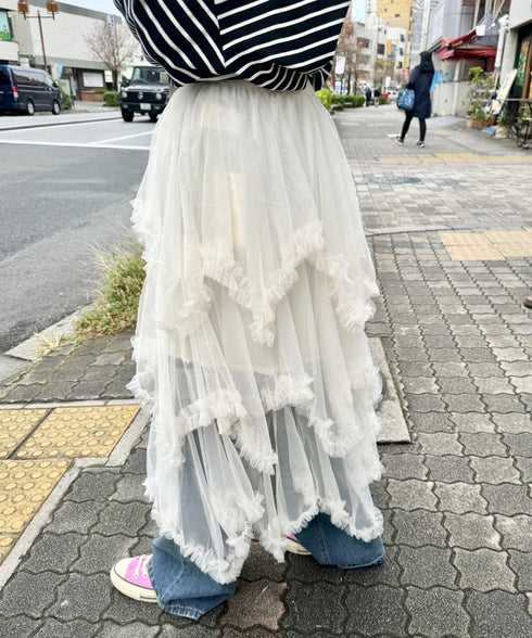 イレギュラーヘムボリュームフリルチュールスカート | NU2255022 | アイボリー