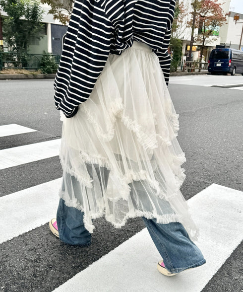 イレギュラーヘムボリュームフリルチュールスカート | NU2255022 | アイボリー