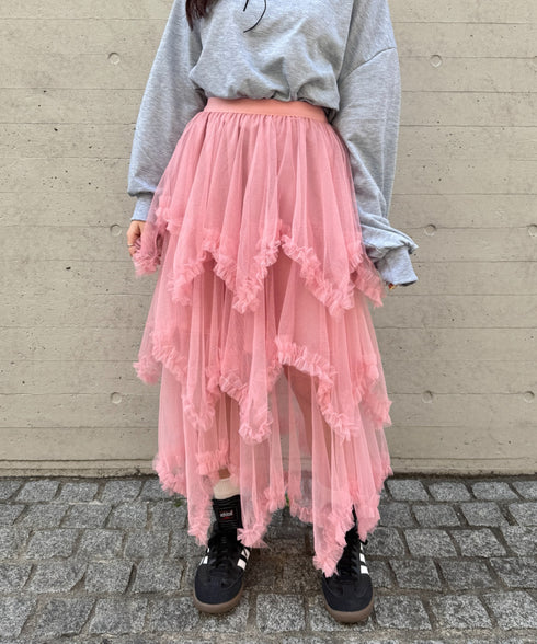 イレギュラーヘムボリュームフリルチュールスカート | NU2255022 | ピンク