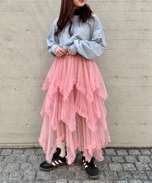イレギュラーヘムボリュームフリルチュールスカート | NU2255022 | ピンク