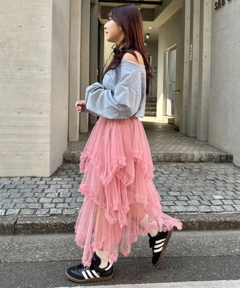 イレギュラーヘムボリュームフリルチュールスカート | NU2255022 | ピンク