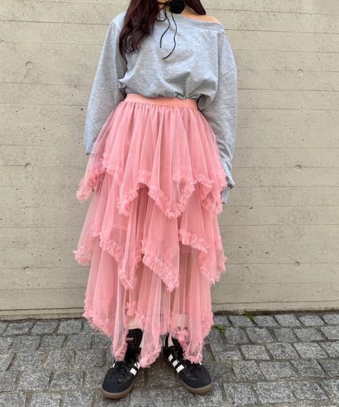 イレギュラーヘムボリュームフリルチュールスカート | NU2255022 | ピンク