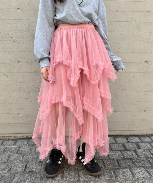 イレギュラーヘムボリュームフリルチュールスカート | NU2255022 | ピンク