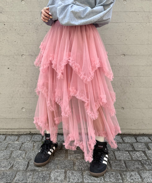 イレギュラーヘムボリュームフリルチュールスカート | NU2255022 | ピンク