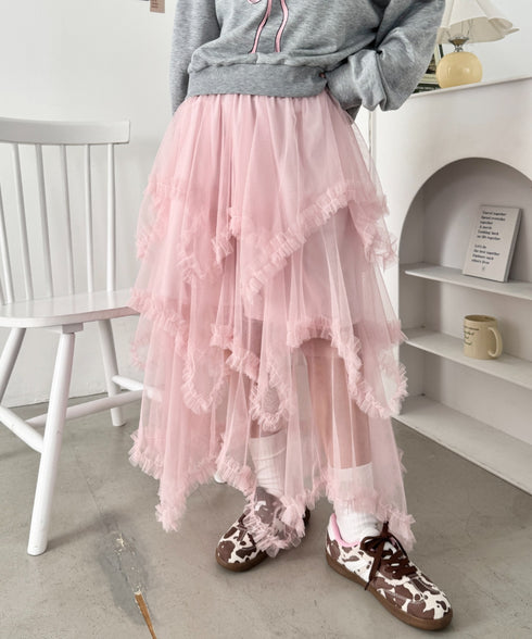 イレギュラーヘムボリュームフリルチュールスカート | NU2255022 | ライトピンク