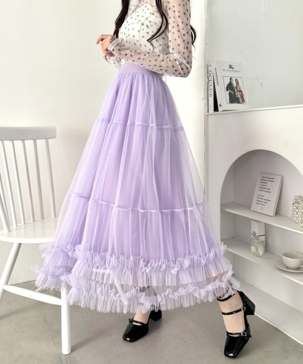 【9色展開 /26SS新色ラベンダー追加】ボリュームフリルチュールティアードスカート | LO2255036 | ラベンダー
