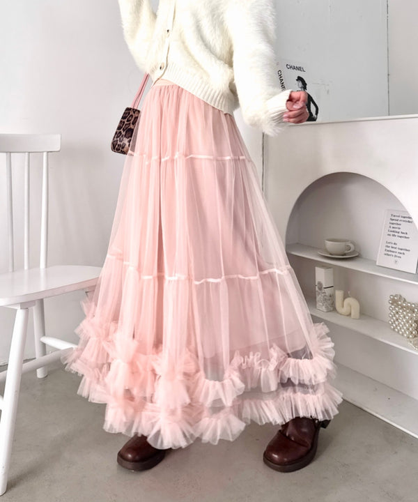 【9色展開 /26SS新色ラベンダー追加】ボリュームフリルチュールティアードスカート | LO2255036 | ピンク